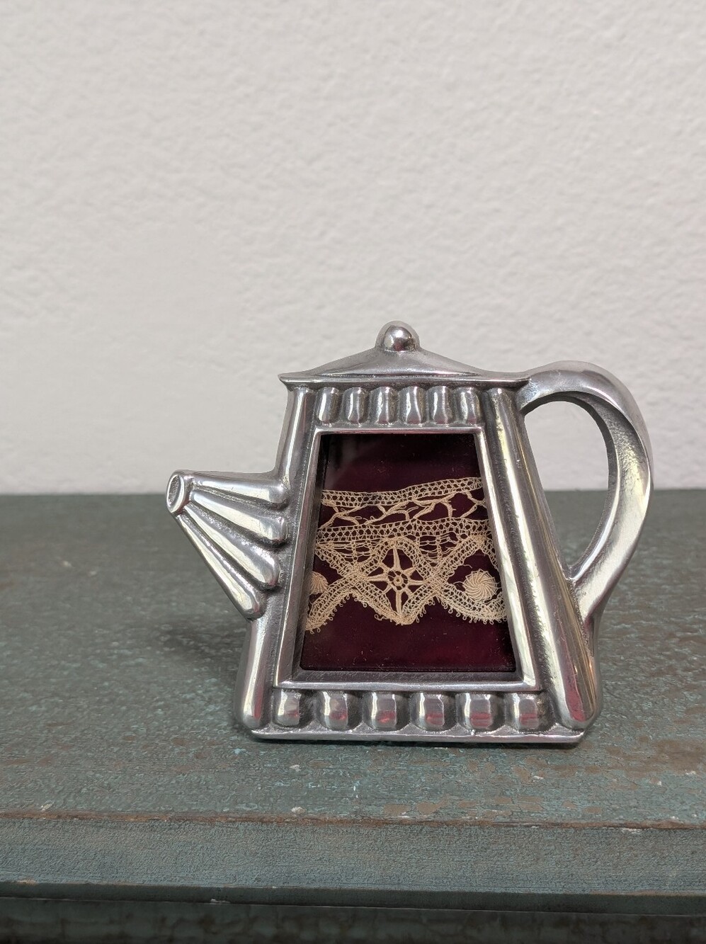 Vintage Metal Picture Frame  Teapot Watering Can Shaped Fits 2x2.5 inch Photo